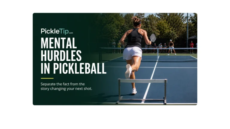 Pickleball player stepping over a hurdle on the court, representing mental hurdles in pickleball