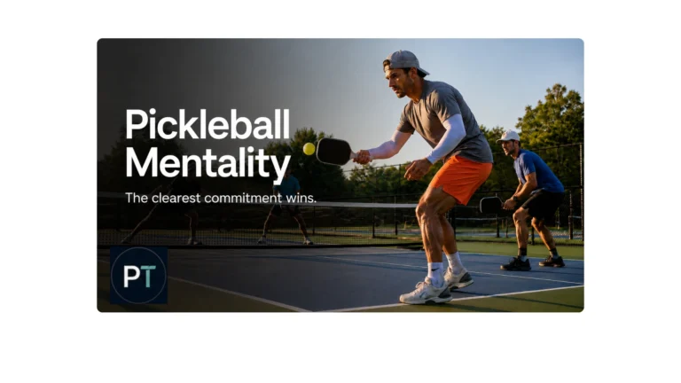 Pickleball Mentality hero image showing a focused player committing to an attack as his partner prepares for the counter