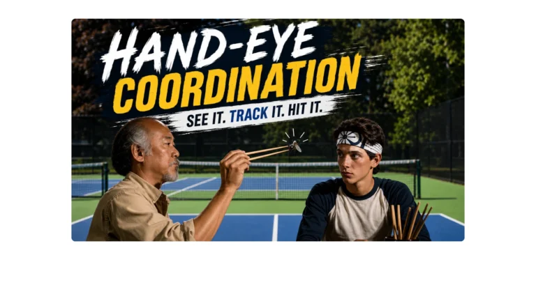 Hand-eye coordination drills for pickleball showing a player learning visual tracking by catching a fly with chopsticks to improve reaction time and ball tracking.