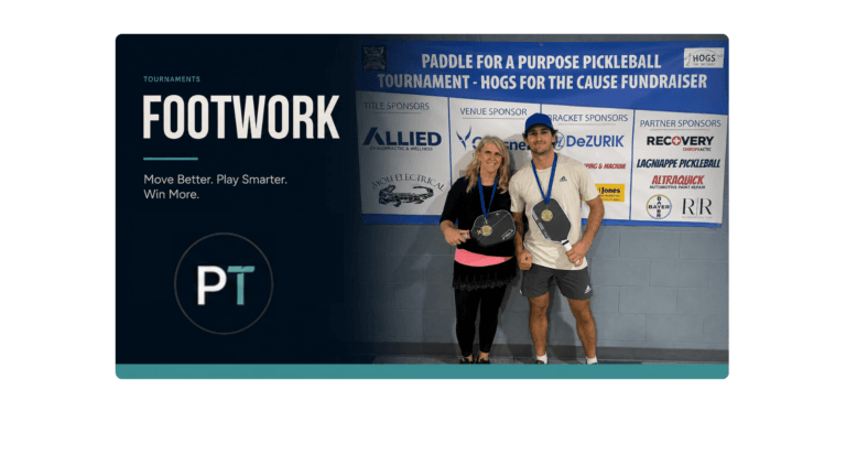 Jen and AJ posing with their advanced-level gold medals after the Paddle for a Purpose Hogs for the Cause pickleball tournament at Ochsner.