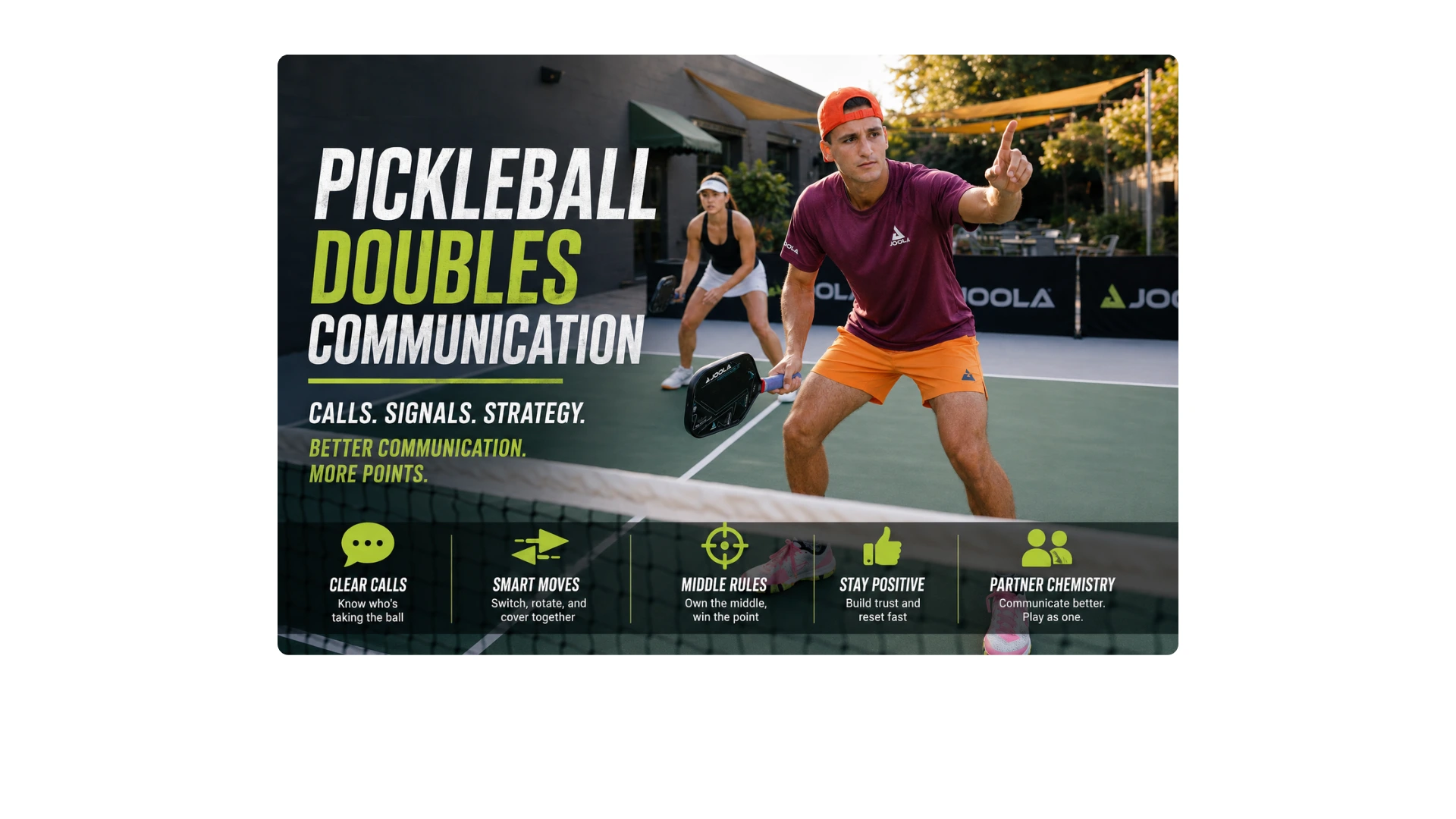 Pickleball doubles partners using communication, calls, signals, and court positioning during a point