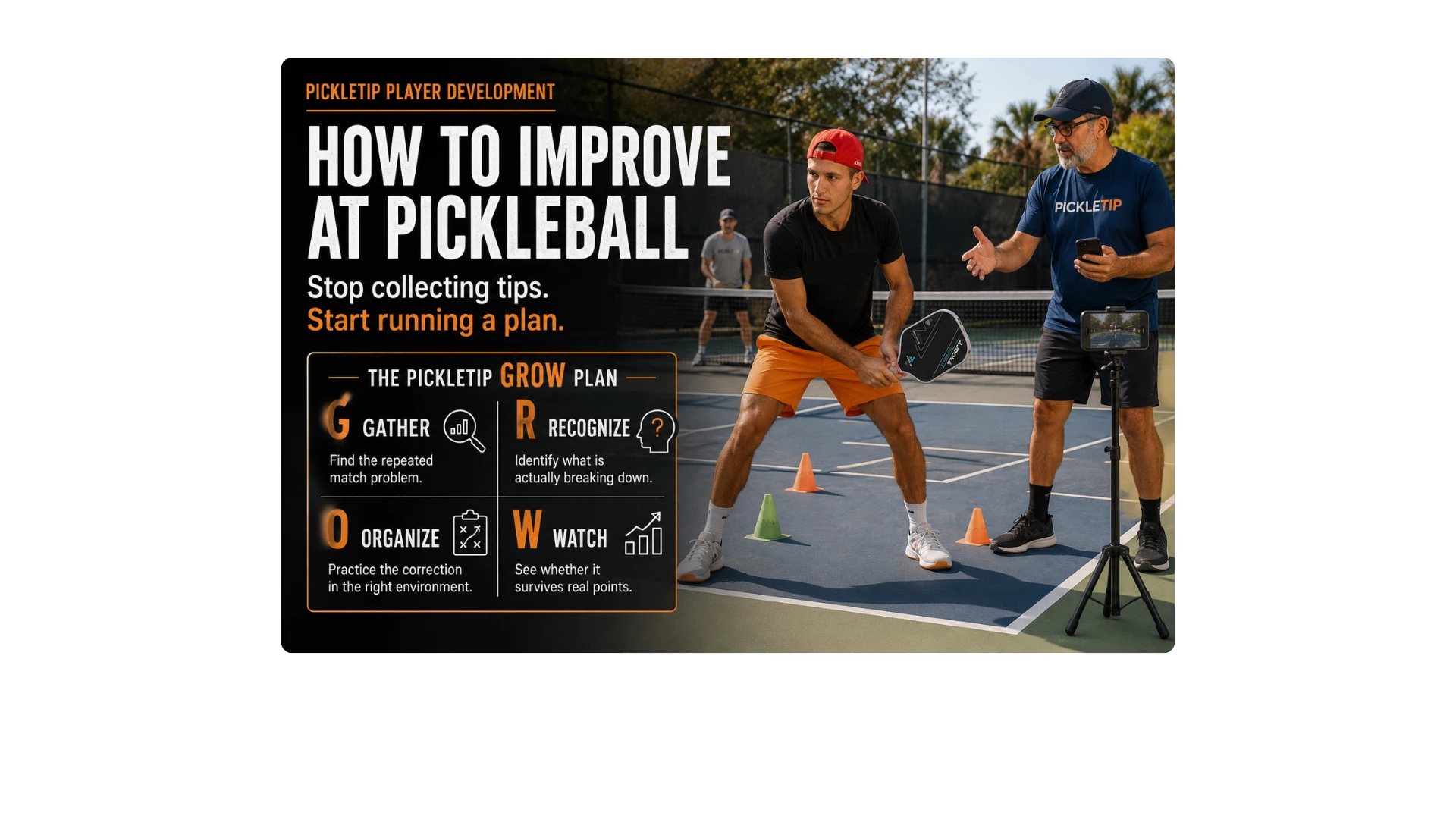 Coach AJ practices a balanced pickleball transition while Coach Sid uses the PickleTip GROW Plan to guide the drill.