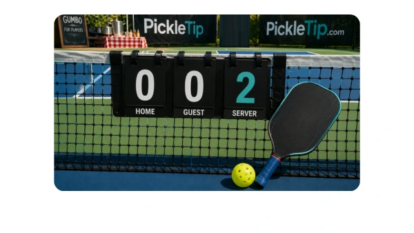 Pickleball scoreboard on a net showing 0-0-2, the starting score for doubles pickleball