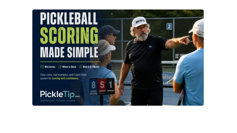 Coach Sid explaining pickleball scoring and court position to players beside an 8-5-1 scoreboard