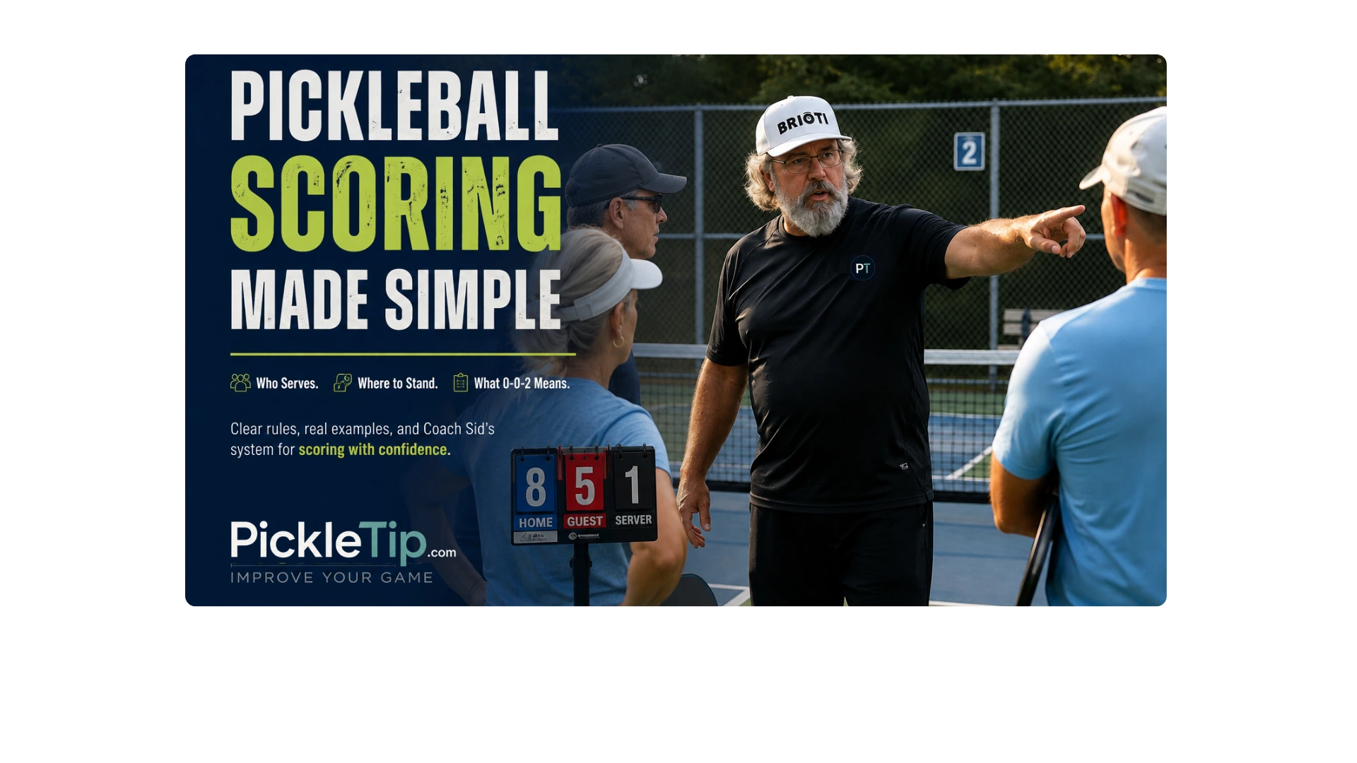 Coach Sid explaining pickleball scoring and court position to players beside an 8-5-1 scoreboard