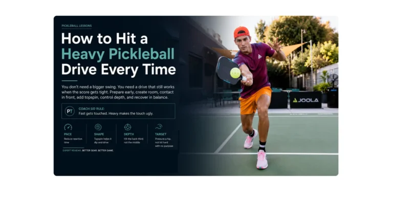Coach AJ contacting a pickleball in front while driving forward and upward with topspin