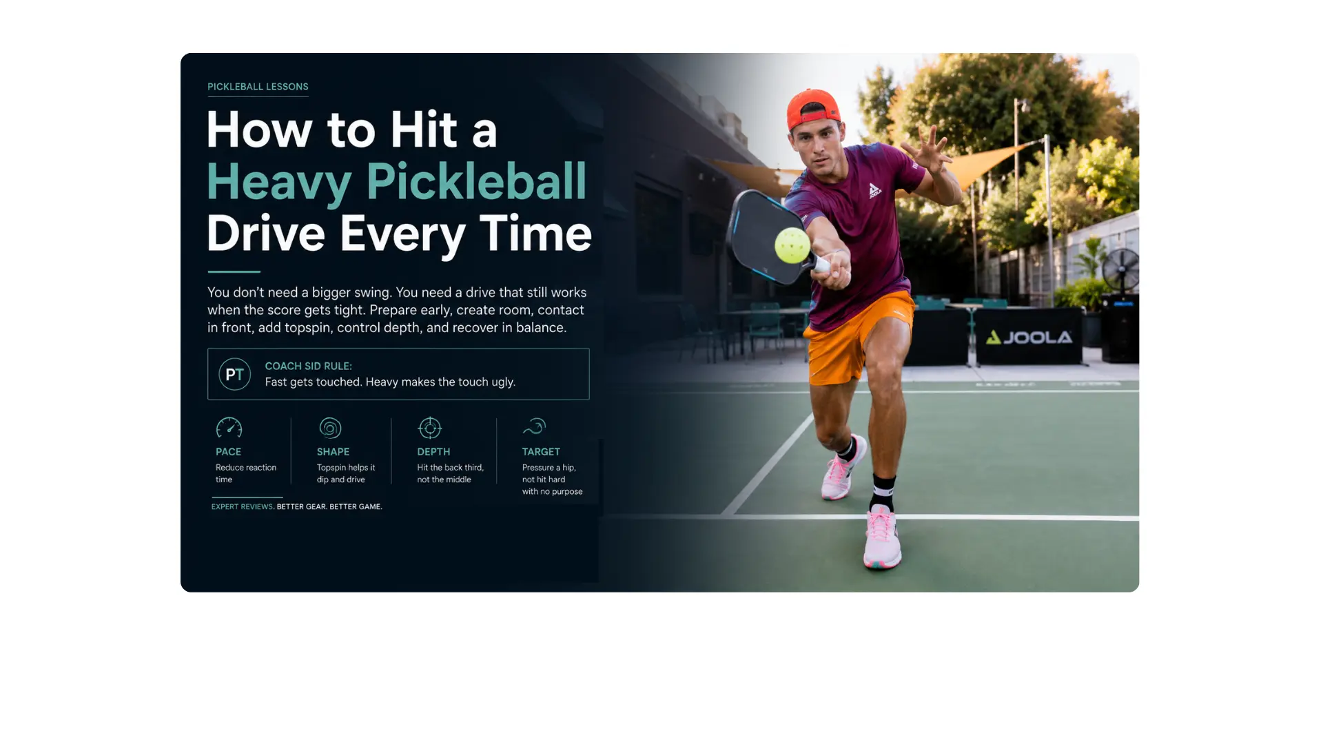 Coach AJ contacting a pickleball in front while driving forward and upward with topspin