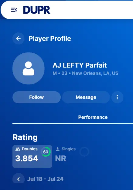 AJ Parfait’s left-handed pickleball DUPR rating