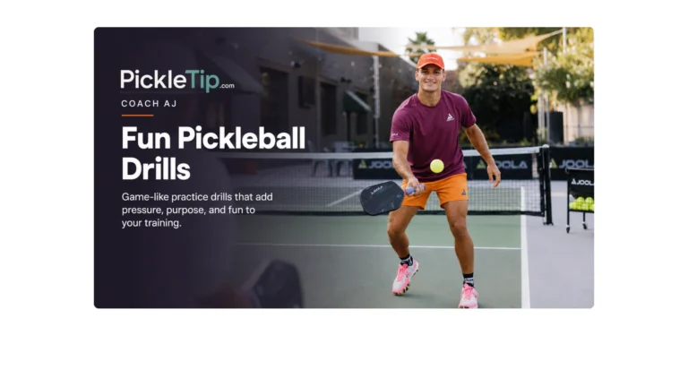 Coach AJ smiling during a fun pickleball drill with a practice partner on an outdoor court.