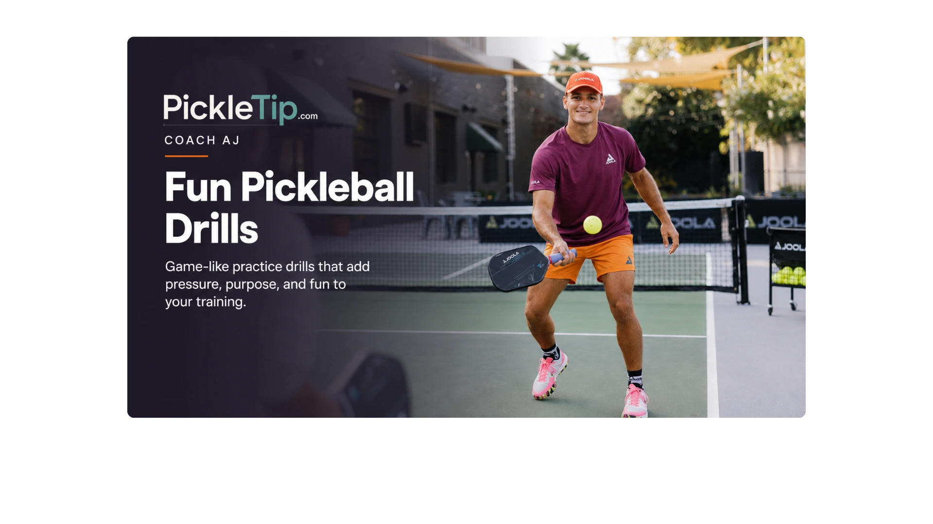 Coach AJ smiling during a fun pickleball drill with a practice partner on an outdoor court.