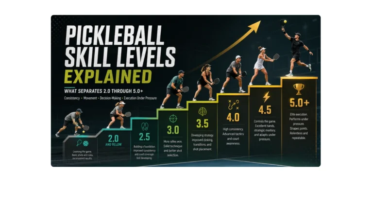 Pickleball skill levels from 2.0 and below through 5.0+, showing progression in consistency, movement, decision-making, and execution under pressure