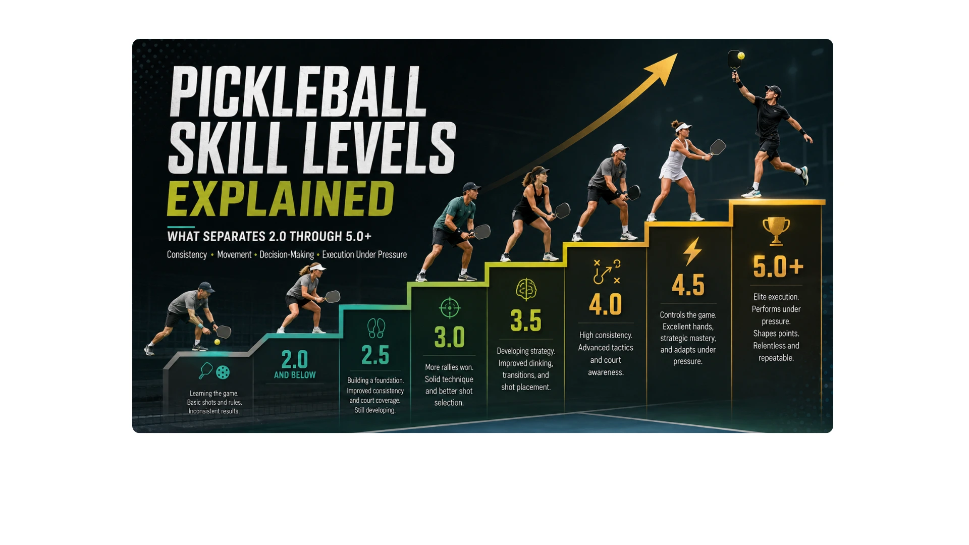 Pickleball skill levels from 2.0 and below through 5.0+, showing progression in consistency, movement, decision-making, and execution under pressure