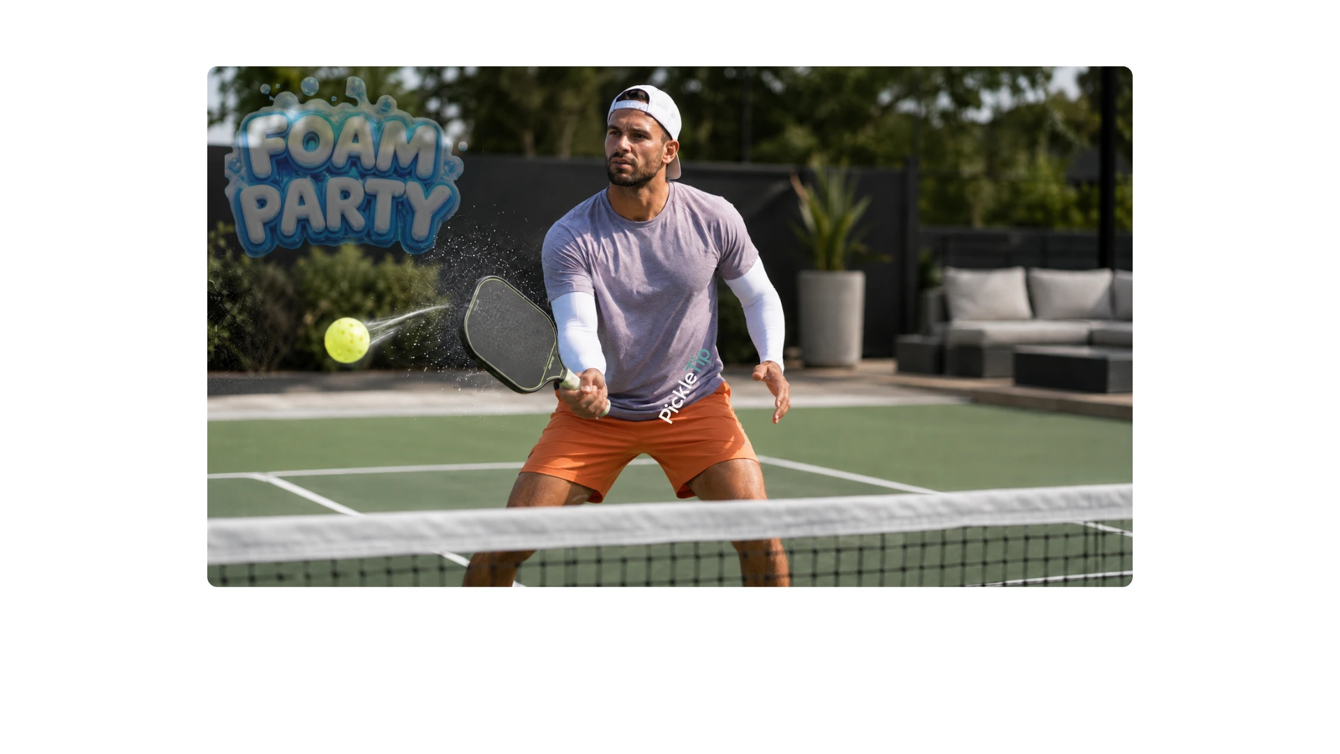Pickleball player blocking a ball with a foam core paddle at the kitchen line