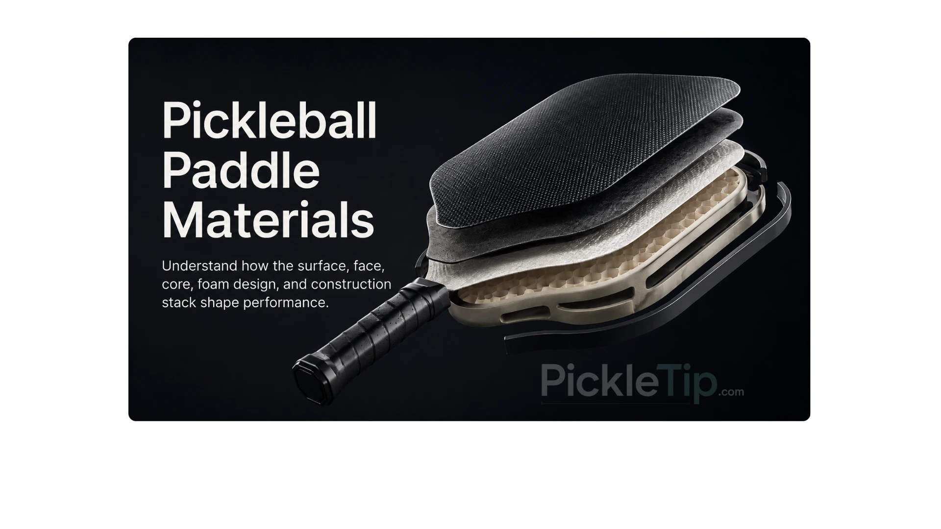 Exploded-view pickleball paddle hero image showing the surface, face layers, core, foam structure, and internal construction