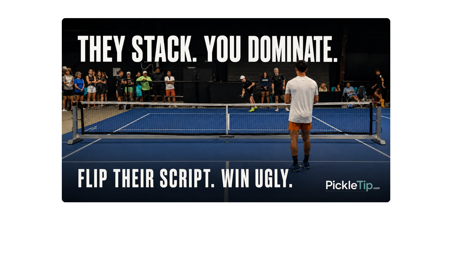 AJ at the kitchen line facing Austin and Jack as they stack during a Baton Rouge pickleball tournament.