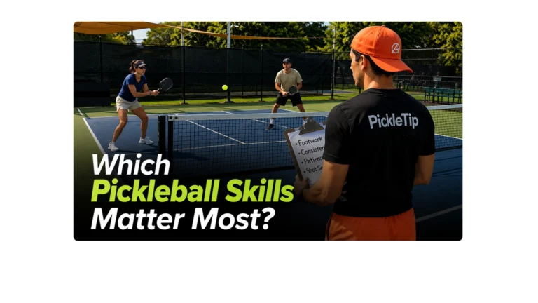 Coach AJ evaluating pickleball players at a clinic using a clipboard while they practice on court.
