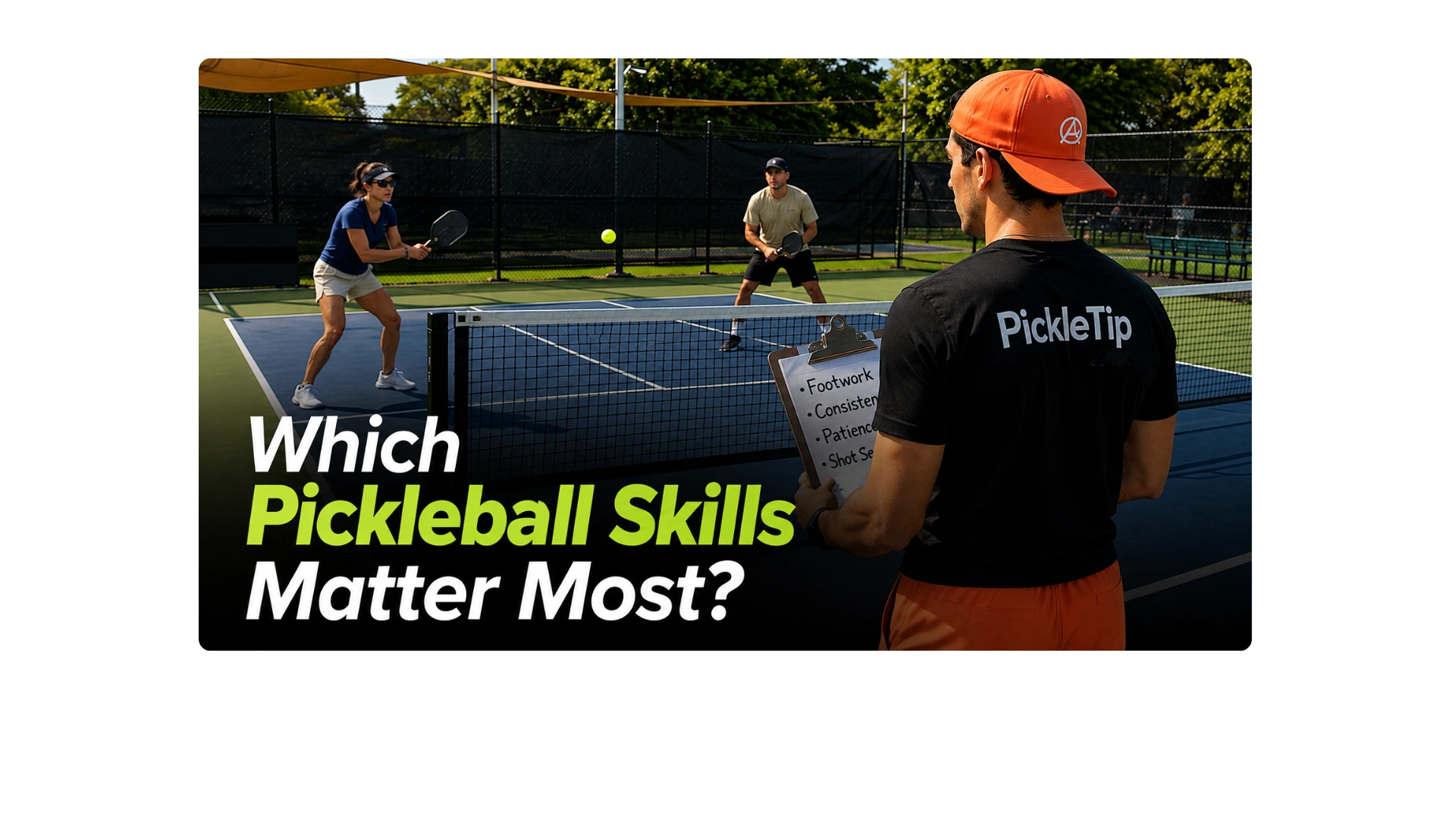 Coach AJ evaluating pickleball players at a clinic using a clipboard while they practice on court.