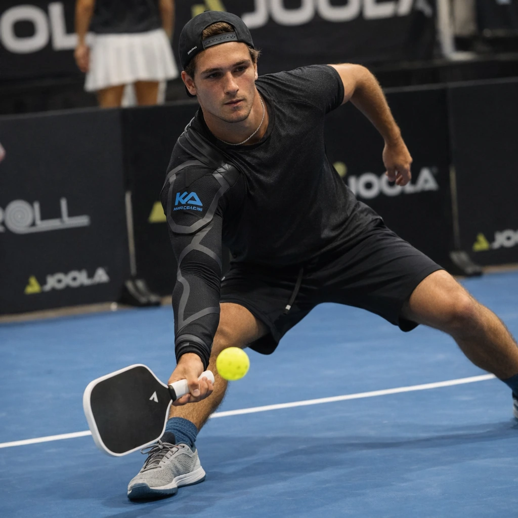 Coach AJ wearing The Kinetic Arm K2 sleeve during a high-level pickleball match at NOLA Picklefest in New Orleans.