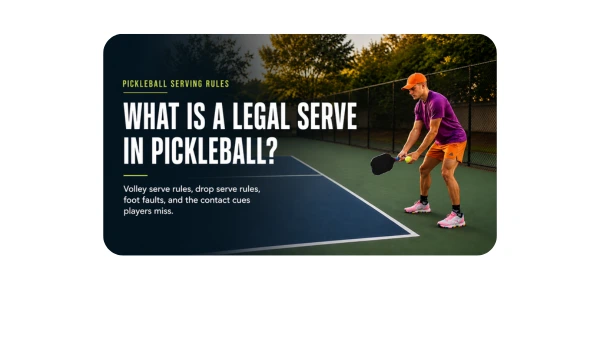Pickleball player demonstrating a legal volley serve with feet behind the baseline on an outdoor court