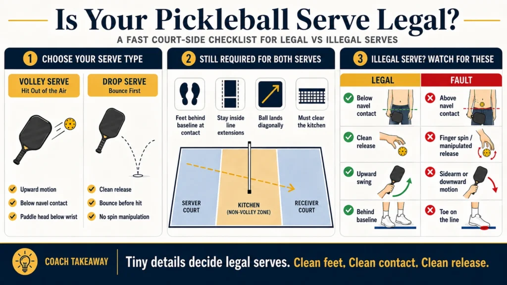 Infographic showing how to tell if a pickleball serve is legal, including volley serve rules, drop serve rules, foot faults, diagonal landing, kitchen clearance, and illegal serve examples.