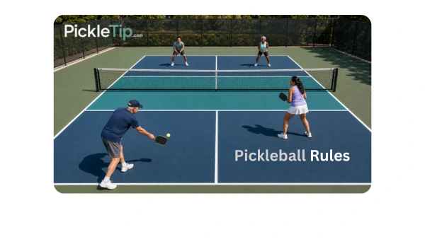 Four diverse players demonstrating a doubles serve on a pickleball court.