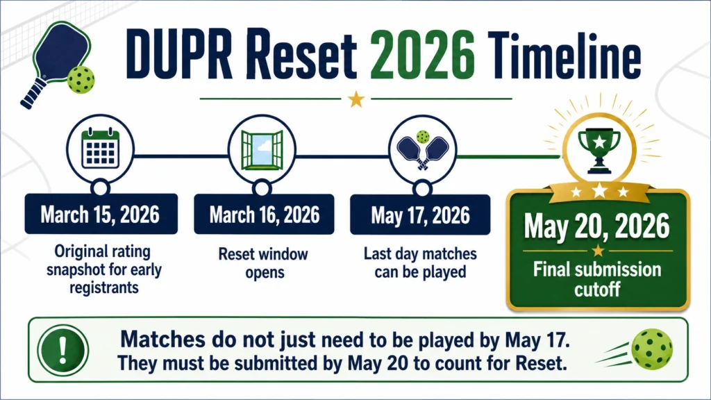 DUPR Reset 2026 timeline showing the original rating snapshot, Reset window, final match date, and May 20 submission cutoff.