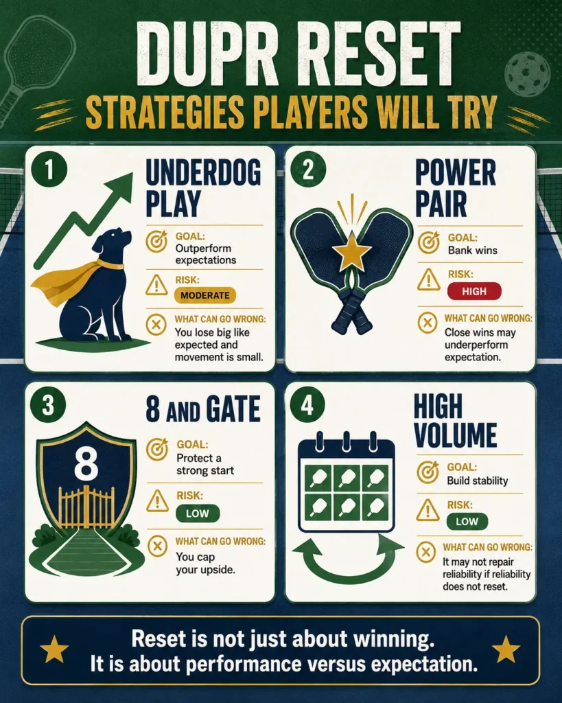 DUPR Reset strategy map showing four player approaches: Underdog Play, Power Pair, 8 and Gate, and High Volume.