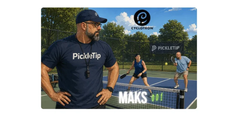 Coach Sid observing pickleball doubles play while testing the Cyclotron Maks 001 paddle on court