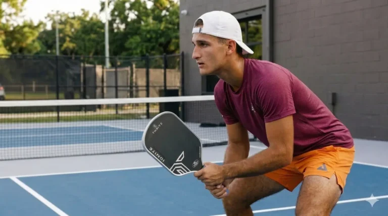 Coach AJ in a low ready stance holding the Thrive Ignite pickleball paddle on an outdoor court