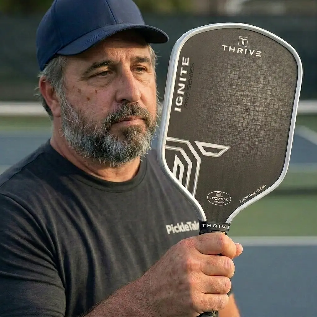Coach Sid closely examining the Thrive Ignite pickleball paddle on an outdoor pickleball court