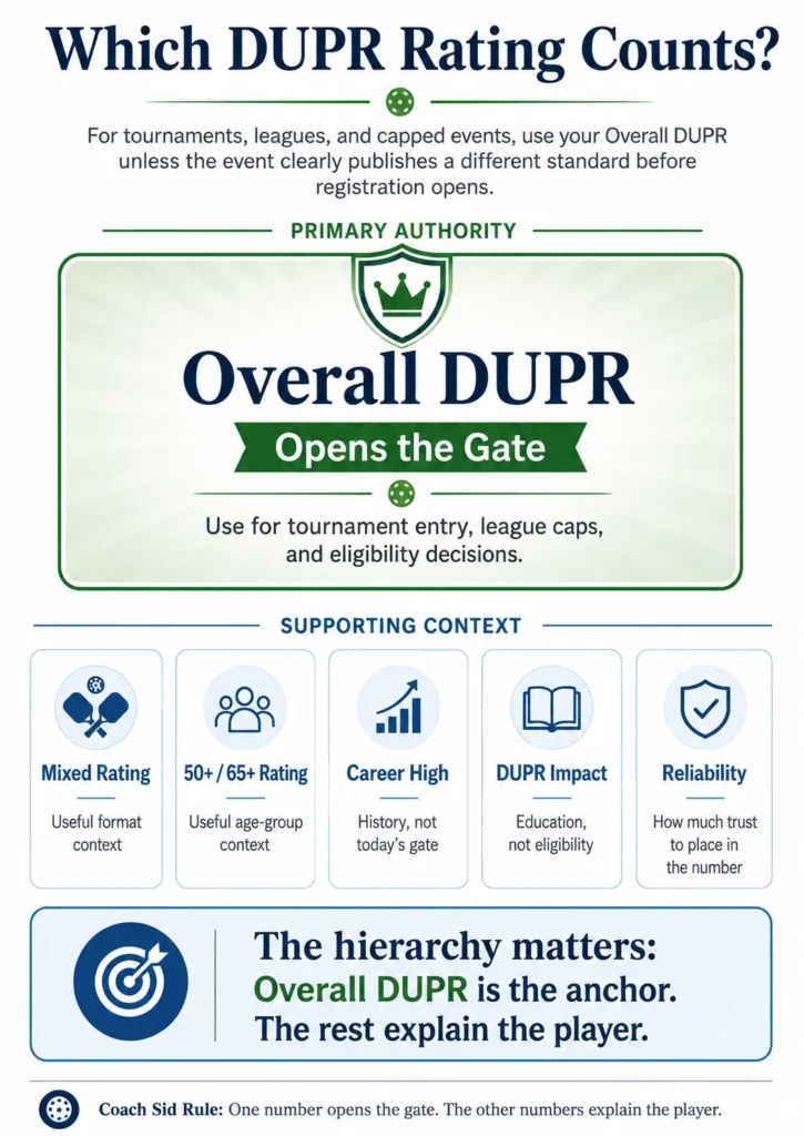 Infographic explaining that Overall DUPR is the primary rating for tournament entry, league caps, and eligibility, while mixed rating, age-based ratings, Career High, DUPR Impact, and Reliability provide supporting context.