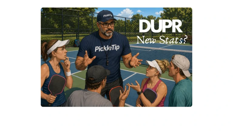 Pickleball coach explaining DUPR ratings to players on court including overall, mixed, and age-based ratings