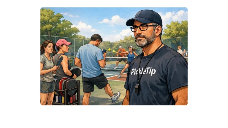 Coach Sid watches open play at a pickleball court as a player checks a phone near the paddle rack while others wait and a tense doubles game unfolds in the background.
