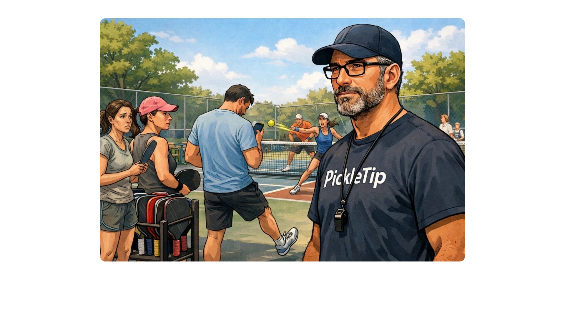 Coach Sid watches open play at a pickleball court as a player checks a phone near the paddle rack while others wait and a tense doubles game unfolds in the background.