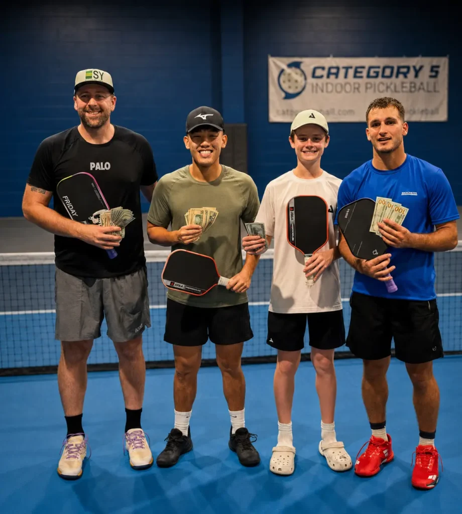 AJ and Austin standing with their Moneyball tournament finalists at Category 5 Indoor Pickleball after a competitive doubles event.