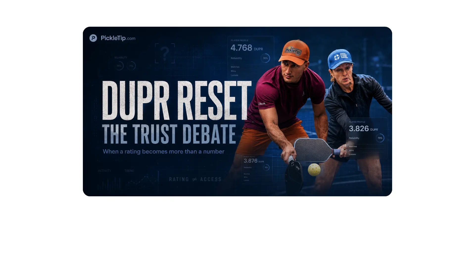 Editorial graphic showing pickleball players with DUPR rating overlays for an article about DUPR Reset, rating trust, transparency, and competitive access.