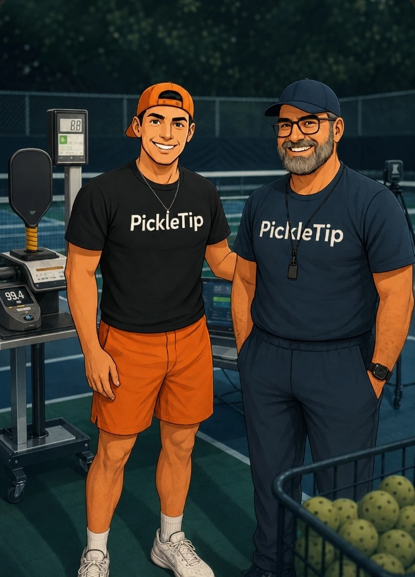 PickleTip coaches with paddle testing equipment on a pickleball court