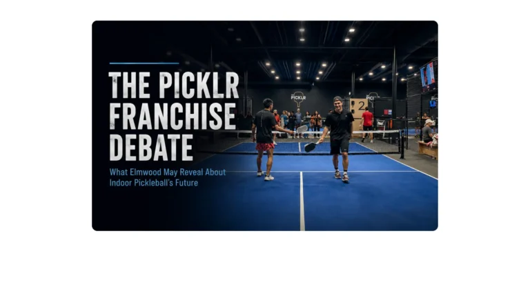 Indoor pickleball players at The Picklr with text about the Picklr franchise debate and Elmwood delay.