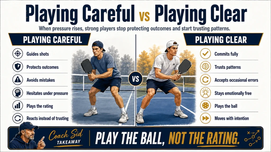 Infographic comparing playing careful versus playing clear in pickleball, showing how pressure can lead players to guide shots, protect outcomes, hesitate, and play the rating, while confident players commit fully, trust patterns, stay emotionally free, play the ball, and move with intention.