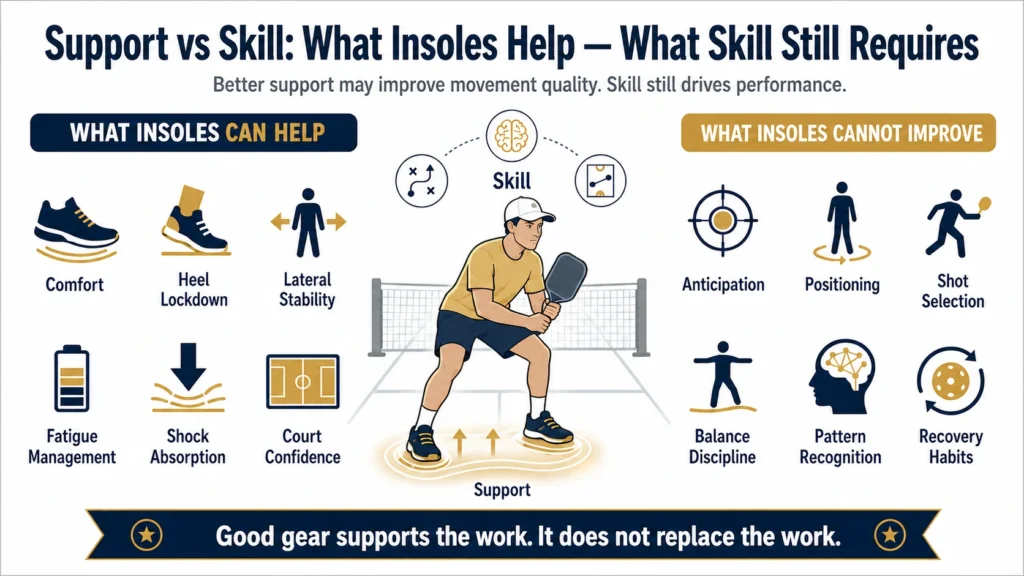 Infographic showing what pickleball insoles can help with, including comfort, heel lockdown, lateral stability, fatigue management, shock absorption, and court confidence, compared with skills insoles cannot improve, including anticipation, positioning, shot selection, balance discipline, pattern recognition, and recovery habits.