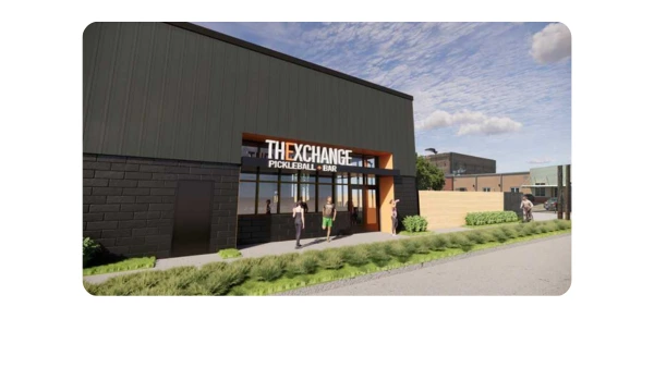 Early rendering of The Exchange Pickleball and Bar exterior in New Orleans