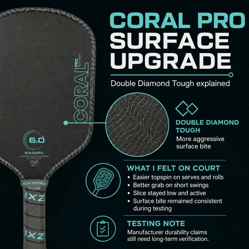 Infographic explaining the Six Zero Coral Pro Double Diamond Tough surface and how it affected spin, bite and short-swing control during testing