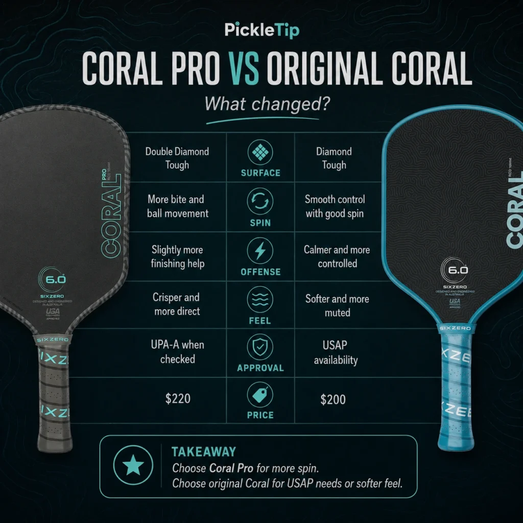 Infographic comparing the Six Zero Coral Pro and original Six Zero Coral paddle across surface, spin, offense, feel and approval status