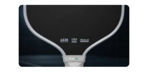 Close-up of a pickleball paddle showing UPA-A, USA Pickleball, and PBCoR approval marks