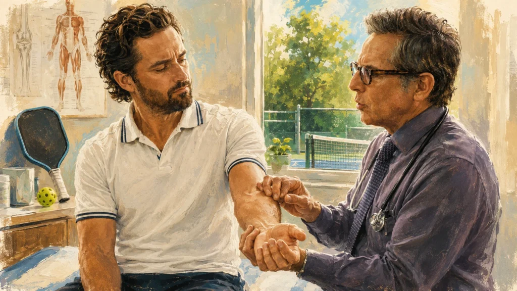 Illustration of a doctor examining an injured tennis player with a pickleball paddle nearby