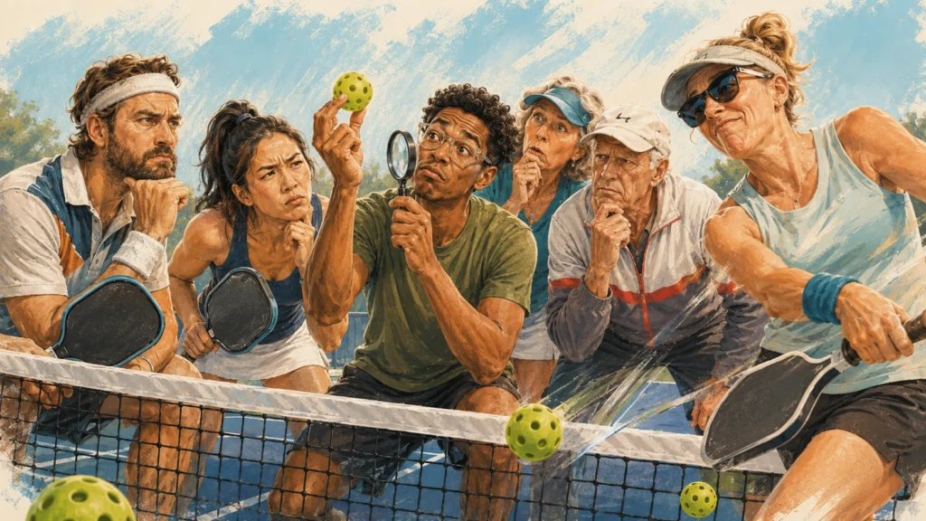 Illustration of pickleball players inspecting a ball at the net