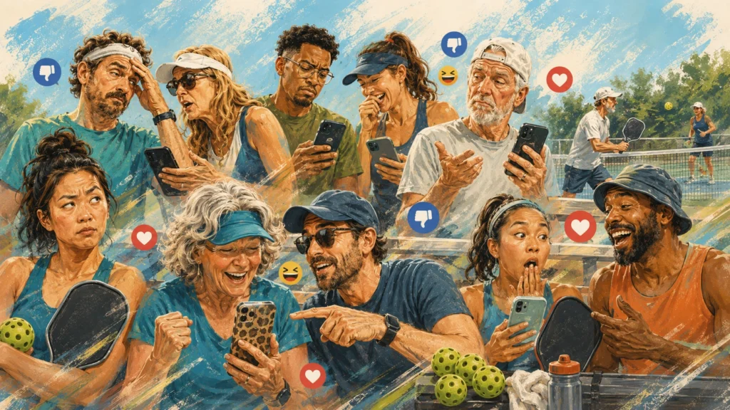 Illustration of pickleball players reacting on their phones with mixed opinions about The Dink trailer