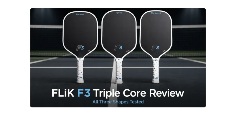 FLiK F3 Triple Core pickleball paddles in Standard, Hybrid, and Elongated shapes used in a hands-on review after testing all three models.