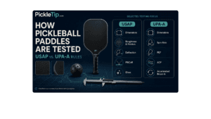 Pickleball paddle testing comparison showing USAP and UPA-A testing categories including dimensions, surface friction, deflection, rebound, spin, PEF, ADF, and accelerated break-in