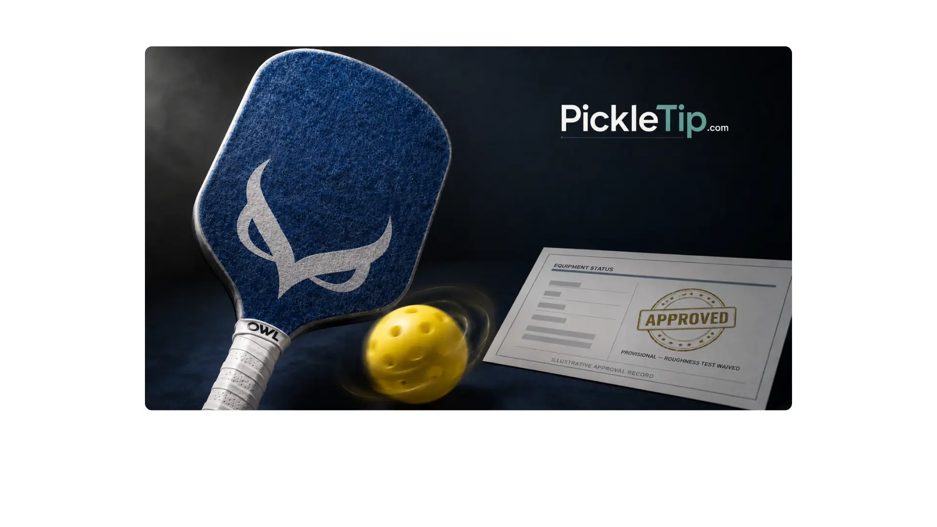 Blue OWL pickleball paddle beside an illustrative equipment status record showing approved with provisional roughness test waived